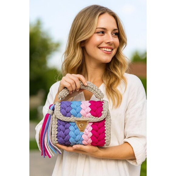 Women's Multi Handmade Crochet Evening Small Clutch Formal Flap Crossbody Bag - Picture 2 of 5